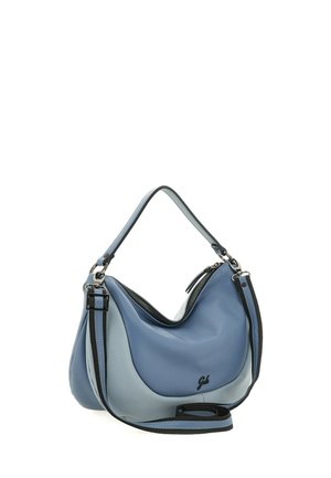 Borsa a tracolla in pelle blu e azzurro chiaro con cerniera nera, tracolla regolabile e piccolo dettaglio logo sul davanti.