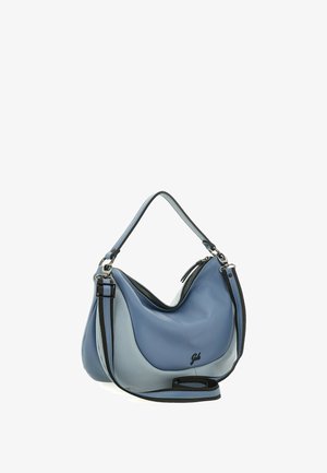 Borsa a tracolla in pelle blu e azzurro chiaro con cerniera nera, tracolla regolabile e piccolo dettaglio logo sul davanti.