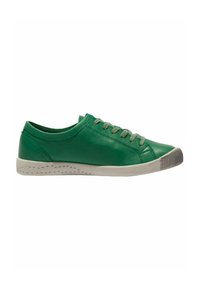 Sneaker verde in pelle con lacci grigi, punta rotonda e suola in gomma bianca testurizzata con piccole perforazioni lungo il bordo.