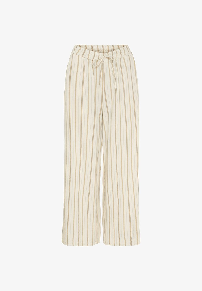 Linnedragt bukser med elastisk talje og snøre, med vertikale beige striber på en lys cremefarvet baggrund.
