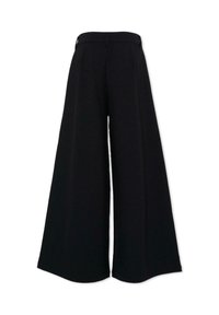 Zwarte broek met wijde pijpen, gemaakt van een gladde stof, met hoge taille en zonder zichtbaar bevestigingsmateriaal. Heeft een getailleerd ontwerp met strakke lijnen.