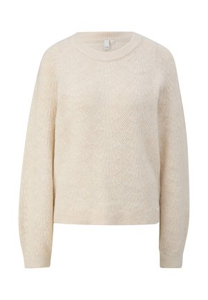 Cremefarbener Pullover mit einem strukturierten Muster, das Blättern ähnelt, runder Halsausschnitt und gerippte Bündchen. Hergestellt aus einem weichen, gestrickten Stoff.