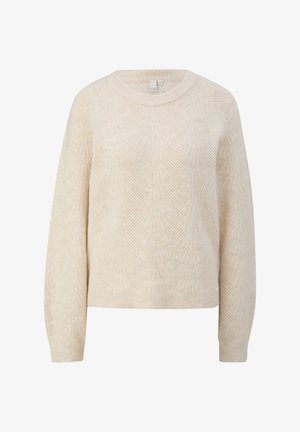 Kreemjas toonis sviiter, millel on lehtede sarnane tekstuur, ümar kaelus ja soonilised mansetid. Valmistatud pehmest kudumisest.