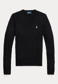 Must kabelkootud V-kaelusega kampsun pikka varrukaga ja valge Polo Ralph Laureni logo vasakul rinnal tikitud.