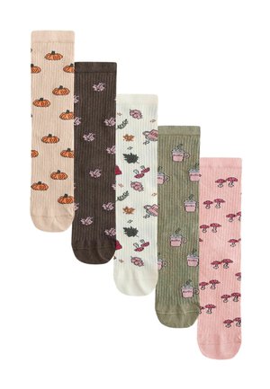 Fünf Paare gerippte knielange Socken in Pastell- und Erdtönen mit Kürbis-, Blatt-, Pilz-, Kaffeetassen- und Blumenmotiven.