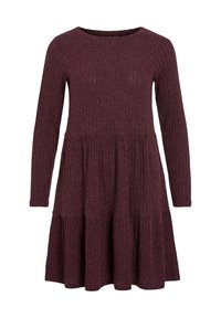 Burgundské dlouhé šaty s dlouhým rukávem vyrobené z rypsového materiálu, s kulatým výstřihem a vrstveným designem sukně. Měkká textura, ležérní styl.