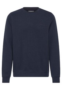 Dunkelblaues Sweatshirt mit rundem Halsausschnitt, langen Ärmeln, gerippten Bündchen und Saum sowie strukturiertem Stoff mit einem dezenten Logodetail.