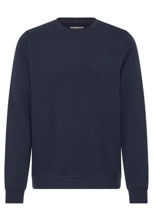 Jūras zilas krāsas sporta krekls ar apaļu apkakli, garām piedurknēm, ribotām aprocēm un apakšmalu, kā arī teksturētu audumu ar diskrētu logotipa detaļu.