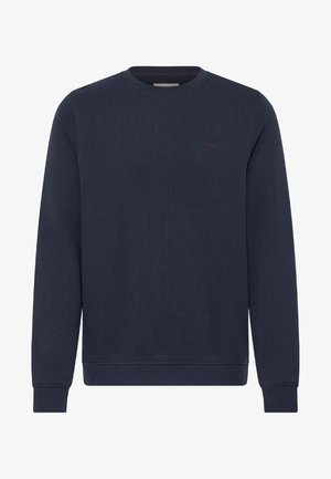 Jūras zilas krāsas sporta krekls ar apaļu apkakli, garām piedurknēm, ribotām aprocēm un apakšmalu, kā arī teksturētu audumu ar diskrētu logotipa detaļu.