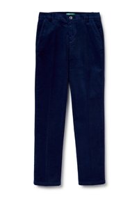 Navy corduroy trousers with a straight cut, front pockets, and a metal button closure. Smooth texture, standard waistband, no patterns.