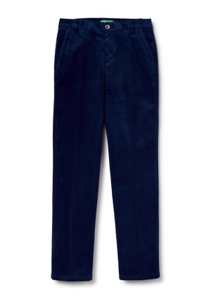 Marineblaue Cordhosen mit geradem Schnitt, seitlichen Taschen und einem Metallknopfverschluss. Glatte Textur, normaler Bund, keine Muster.
