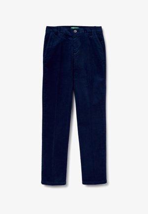 Marineblaue Cordhosen mit geradem Schnitt, seitlichen Taschen und einem Metallknopfverschluss. Glatte Textur, normaler Bund, keine Muster.