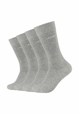 Lot de quatre paires de chaussettes en coton gris, dotées d'un bord côtelé, d'une texture lisse et d'un logo discret sur le dessus pour identification.