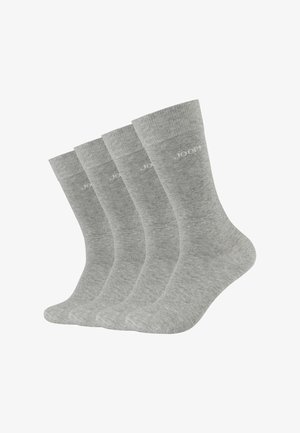 Sæt med fire grå bomuldsstrømper, der har ribbet manchet, glat tekstur og diskret branding langs toppen til identifikation.