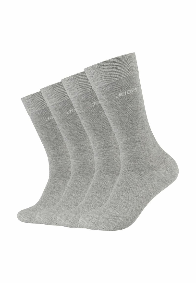 Set di quattro paia di calzini in cotone grigio, con un bordo a coste, una texture liscia e un logo discreto lungo la parte superiore per l'identificazione.