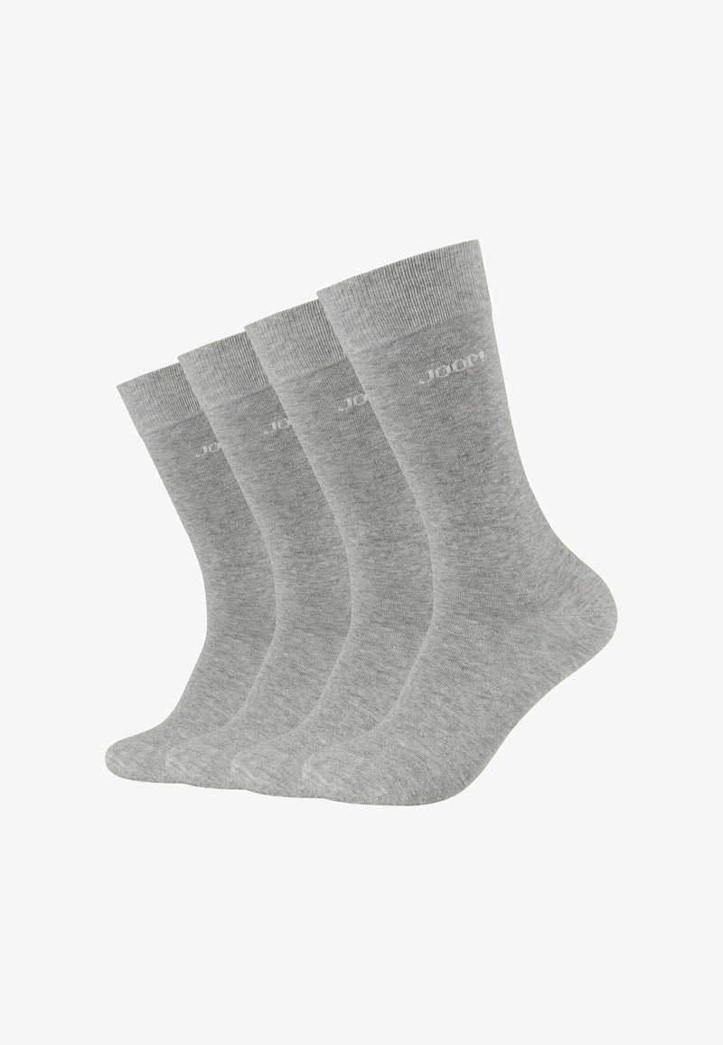 Sæt med fire grå bomuldsstrømper, der har ribbet manchet, glat tekstur og diskret branding langs toppen til identifikation.