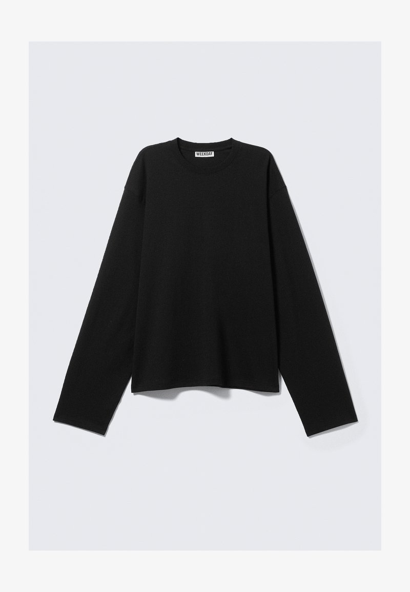 Sort langærmet skjorte med rund halsudskæring, lavet af et blødt stof. Har en afslappet pasform og et minimalistisk design uden mønstre.