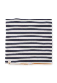 Striped neck warmer in navy and white, made of cotton. Soft texture with a snug fit. Features an orange interior with a pattern.