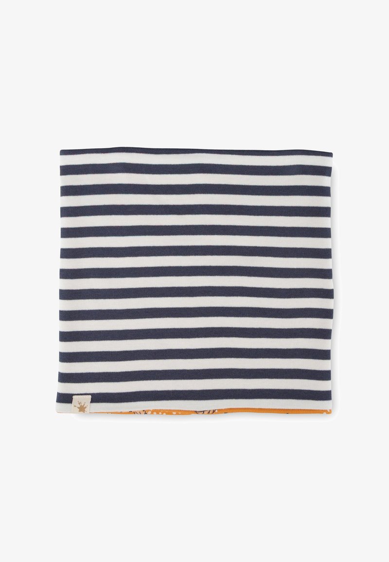 Striped neck warmer in navy and white, made of cotton. Soft texture with a snug fit. Features an orange interior with a pattern.