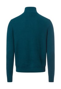 Strickpullover in Teal mit hohem Kragen. Verfügt über ein strukturiertes Muster, lange Ärmel sowie gerippte Bündchen und Saum. Rückansicht gezeigt.