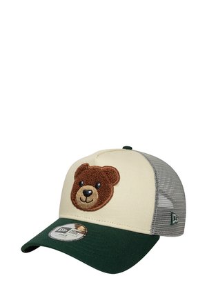 Cap with a cream front, green brim, and gray mesh sides. Features an embroidered bear face in brown with black eyes.