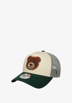 Cap with a cream front, green brim, and gray mesh sides. Features an embroidered bear face in brown with black eyes.