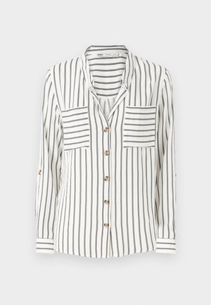 Weißes Langarmshirt mit schwarzen vertikalen Streifen, ausgestattet mit zwei Brusttaschen, einer Knopfleiste und Manschetten mit Streifenmuster.