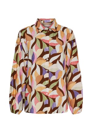 Skjorte med knapper og lange ærmer med et multifarvet abstrakt bladmønster i brun, beige, pink, grøn, lilla og orange.