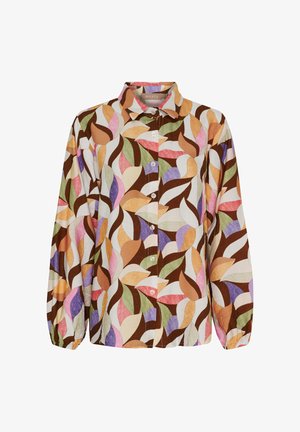 Skjorte med knapper og lange ærmer med et multifarvet abstrakt bladmønster i brun, beige, pink, grøn, lilla og orange.