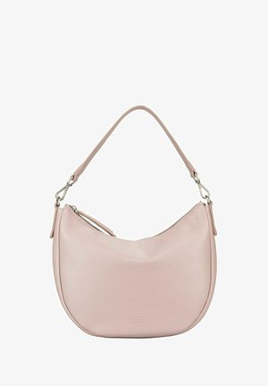 Sac à main en cuir rose clair avec un design incurvé, une seule bandoulière et des finitions métalliques. Il possède une fermeture éclair et une surface texturée.