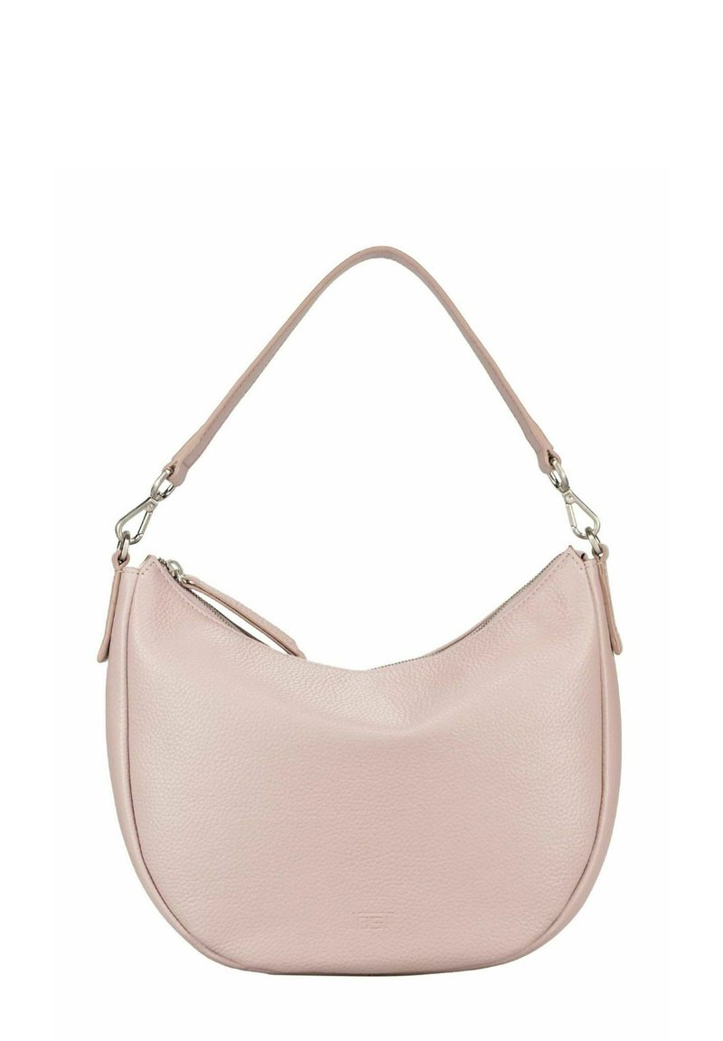 Sac à main en cuir rose clair avec un design incurvé, une seule bandoulière et des finitions métalliques. Il possède une fermeture éclair et une surface texturée.