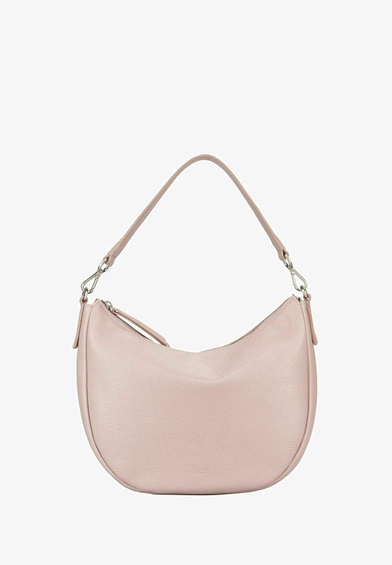 Sac à main en cuir rose clair avec un design incurvé, une seule bandoulière et des finitions métalliques. Il possède une fermeture éclair et une surface texturée.