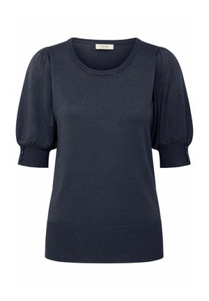 Jūras spēku zila adīta džempera ar apaļu kakla izgriezumu, pūkainām īsām piedurknēm un pogu akcentiem uz piedurkņu galiem. Gluda tekstūra un pieguļošs dizains.