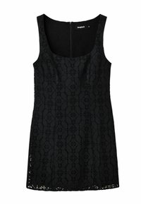 Black lace dress with a fitted silhouette, scoop neck, and zipper closure at the back. Features floral patterns and textured fabric.