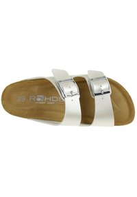 Sandali slide in pelle bianca con due cinturini regolabili, fibbie argentate e una soletta imbottita color cuoio. Taglia 39 mostrata all'interno.