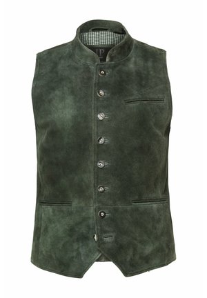 Dark green suede men's vest with stand collar, six front buttons, and three slim horizontal pockets, lined with checkered fabric.