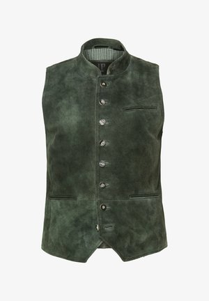 Mørkegrøn herrevest i ruskind med stående krave, seks knapper foran og tre smalle vandrette lommer, foret med ternet stof.