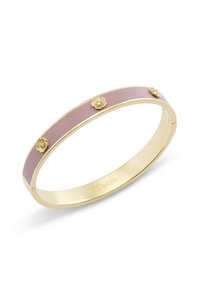 Gold-tone bangle with a smooth, pale pink enamel band featuring three floral accents, each centered with a small crystal.