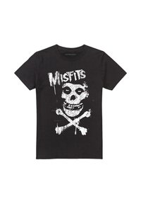 Black cotton t-shirt featuring a white graphic design of a skull and crossbones with the word "MISFITS" above. Classic fit with short sleeves.