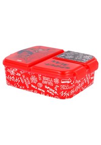 Lunch box rosso in plastica con doppie compartimenti, caratterizzato da un design di Spider-Man e testi/patterns bianchi sui lati e sul coperchio. Superficie testurizzata.
