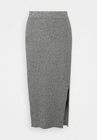 Szara dzianinowa spódnica midi o dopasowanym kroju, z bocznym rozcięciem zapewniającym swobodę ruchu oraz teksturowanym wykończeniem.