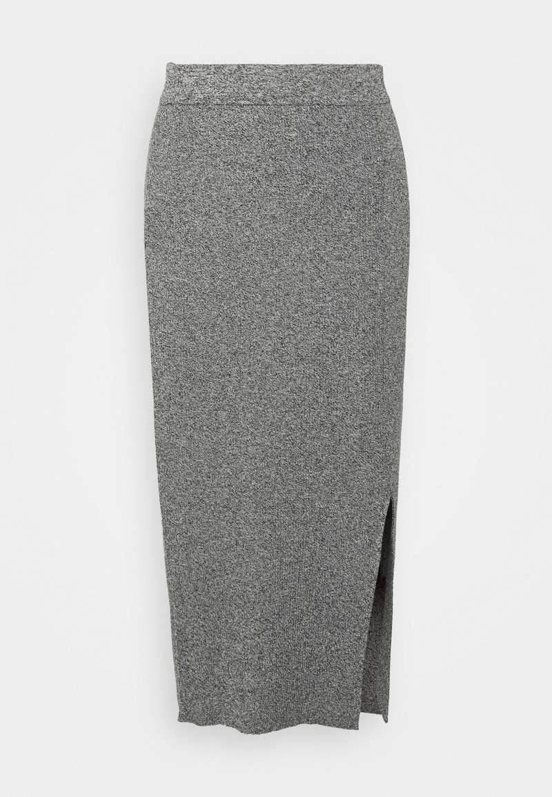 Szara dzianinowa spódnica midi o dopasowanym kroju, z bocznym rozcięciem zapewniającym swobodę ruchu oraz teksturowanym wykończeniem.