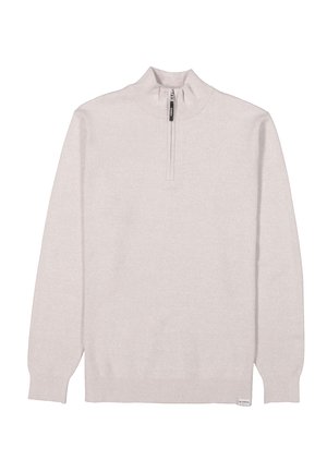 Pull léger gris clair à manches longues avec un col haut et une fermeture éclair quart. Fabriqué en tissu doux avec des poignets et un ourlet côtelés. Design minimaliste.