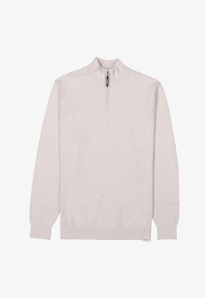 Lichtgrijze, lange mouwen pullover met een hoge kraag en kwart-rits. Gemaakt van zachte stof met ribbelmanchetten en een ribbelzoom. Minimalistisch ontwerp.