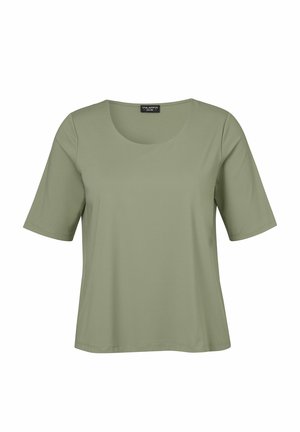Olivgrünes Kurzarmhemd mit rundem Ausschnitt, lockerem Sitz und abgestepptem Saum, dargestellt auf weißem Hintergrund.