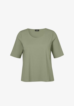 Olivgrünes Kurzarmhemd mit rundem Ausschnitt, lockerem Sitz und abgestepptem Saum, dargestellt auf weißem Hintergrund.