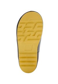 Suola nera di scarpa con un fondo in gomma gialla testurizzata caratterizzato da un motivo geometrico e linee orizzontali di presa. Bordo liscio e forma arrotondata.