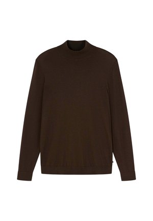 Dunkelbrauner Pullover mit langen Ärmeln, rundem Ausschnitt sowie gerippten Bündchen und Saum, flach auf weißem Hintergrund ausgelegt.