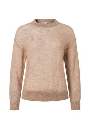 Beigefarbener, langärmeliger, gestrickter Pullover mit rundem Ausschnitt sowie gerippten Bündchen und Saum, vor einfarbig weißem Hintergrund dargestellt.