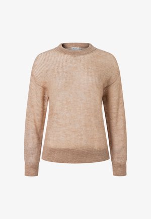 Beigefarbener, langärmeliger, gestrickter Pullover mit rundem Ausschnitt sowie gerippten Bündchen und Saum, vor einfarbig weißem Hintergrund dargestellt.